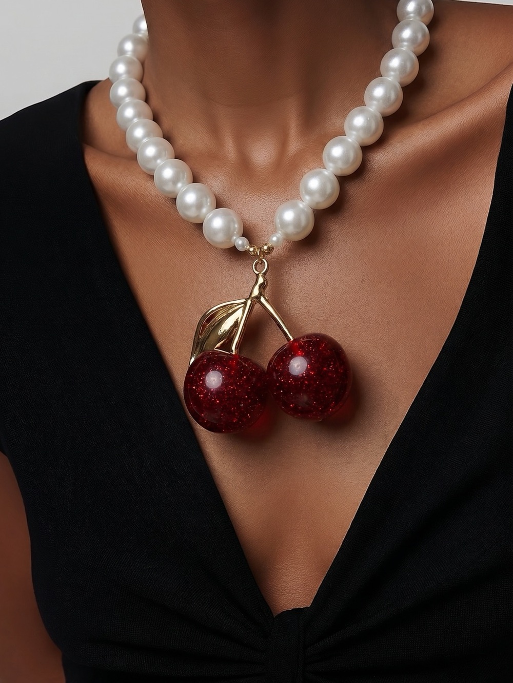 Pearl Bead Necklace with Red Cherry Pendant - Women's Jewelry